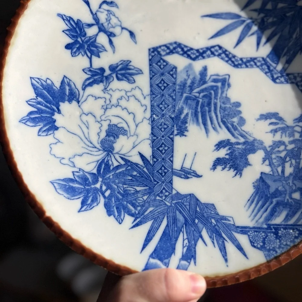 Antique Japanese Blue and White Igezara Porcelain Plate, Screen & Bamboo Design